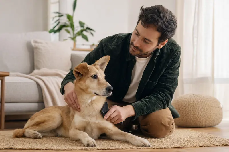 Ein gelber Hund wird in einer hellen Wohnung sanft von seinem Besitzer gebürstet, als Teil der liebevollen Fellpflege und Gesundheitsvorsorge.