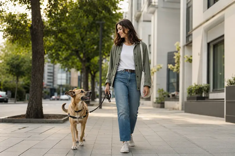 Ein gelber Hund läuft an der Leine mit seinem Besitzer durch eine moderne Stadtstraße.