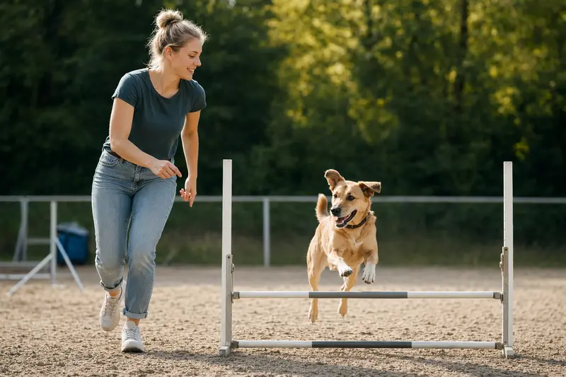 Ein aktiver Yellow Dog springt mit seinem Besitzer über eine kleine Trainingshürde auf dem Hundeplatz.