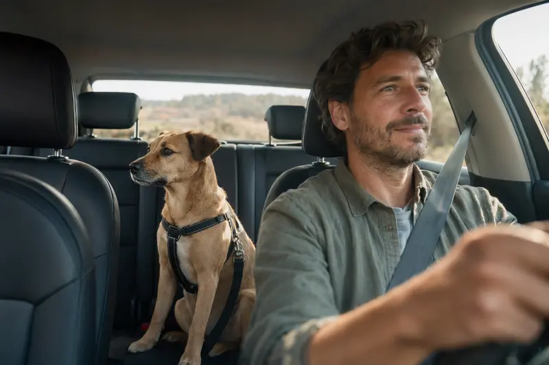 Ein gelber Hund sitzt sicher angeschnallt auf der Rückbank eines Autos und genießt die sonnige Fahrt.