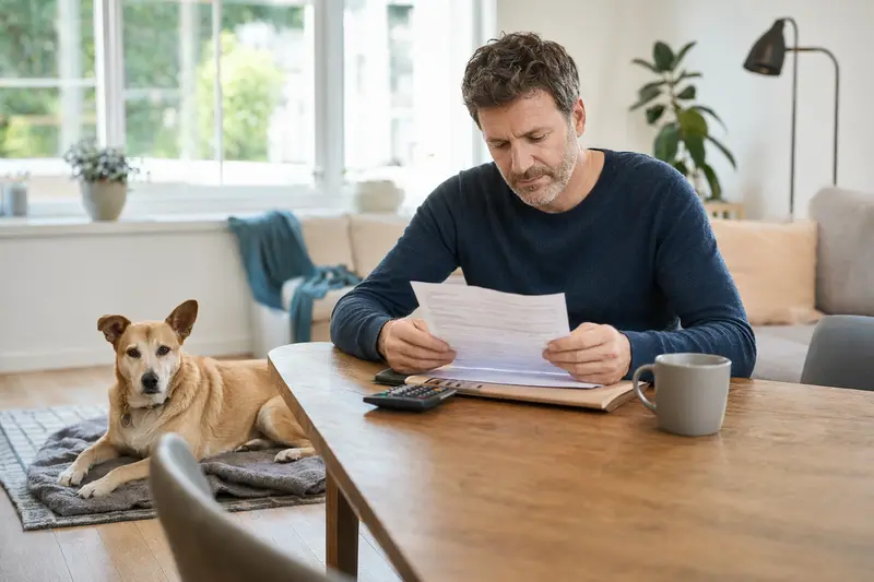Ein Hundehalter sitzt ruhig am Tisch mit einer Tierarztrechnung, während ein entspannter Yellow Dog auf einer Decke daneben liegt und die Hundekrankenversicherung als Thema andeutet.