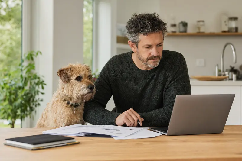 Ein ruhiger Yellow Dog sitzt neben seinem Besitzer am Küchentisch, auf dem Versicherungsunterlagen und ein Laptop liegen.