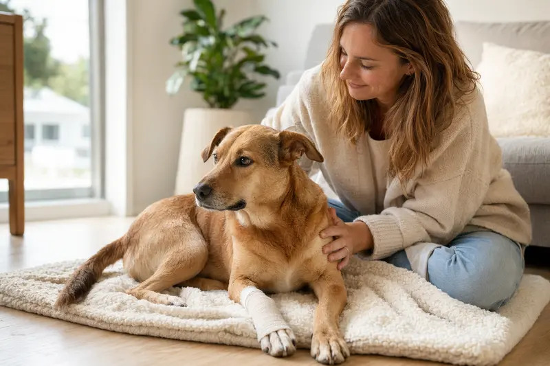 Ein ruhiger Yellow Dog mit Verband an der Pfote liegt neben seinem erleichterten Besitzer auf einer Decke in einer hellen Wohnung.