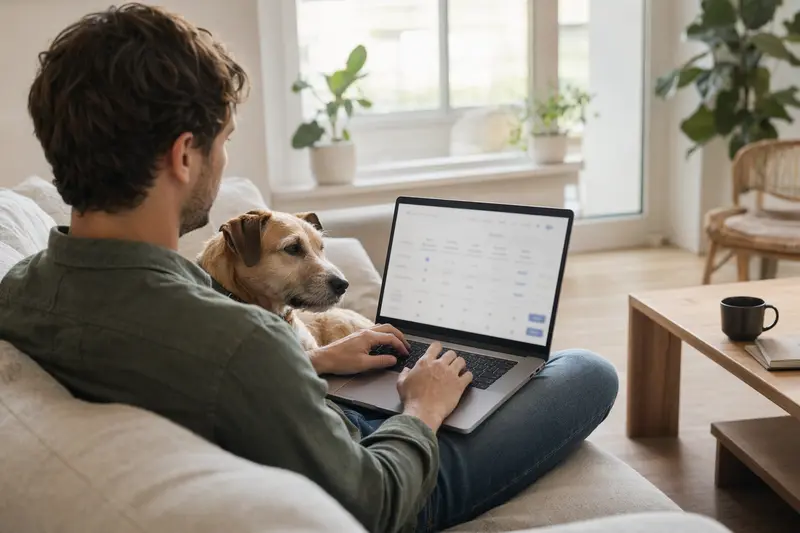 Ein Besitzer sitzt entspannt auf dem Sofa mit seinem gelben Hund und vergleicht Versicherungen auf dem Laptop.
