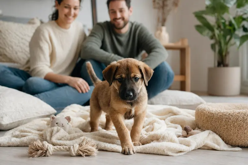 Ein neugieriger Yellow Dog Welpe erkundet sein neues Zuhause mit spielerischem Eifer.