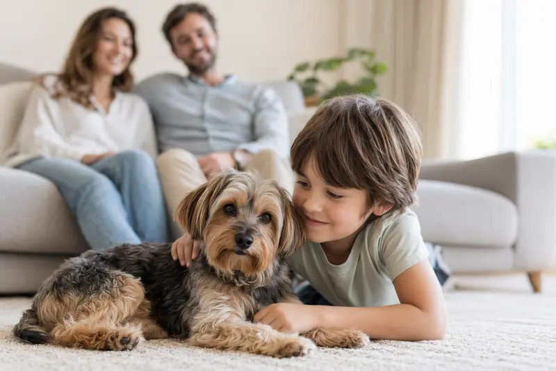Ein freundlicher Yorkshire Terrier liegt entspannt neben einem Kind im hellen Wohnzimmer, während die Eltern im Hintergrund eine sichere Familienatmosphäre schaffen.