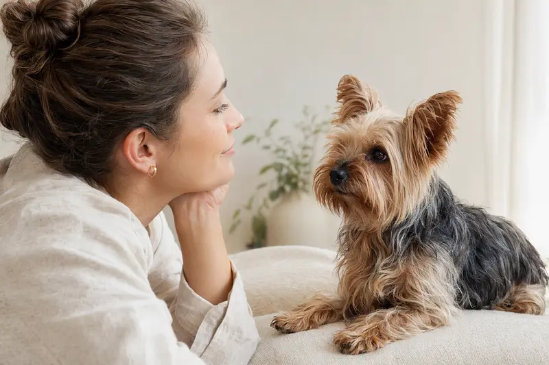 Ein aufmerksamer Yorkshire Terrier steht in natürlicher Haltung vor hellem Hintergrund und zeigt die typische Fellstruktur der Rasse.