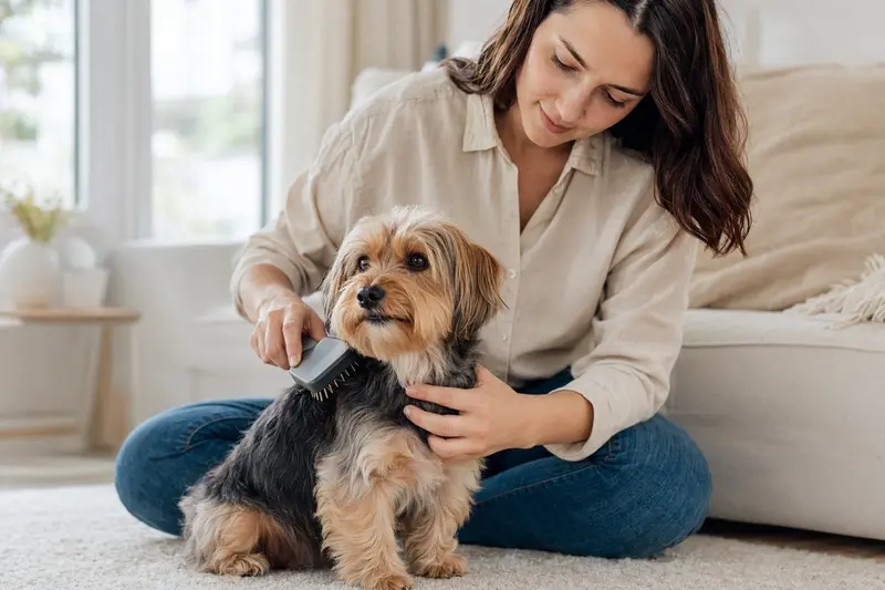 Ein Yorkshire Terrier wird in einer hellen Wohnung sanft gebürstet, während sich der Besitzer liebevoll um die Fellpflege kümmert.