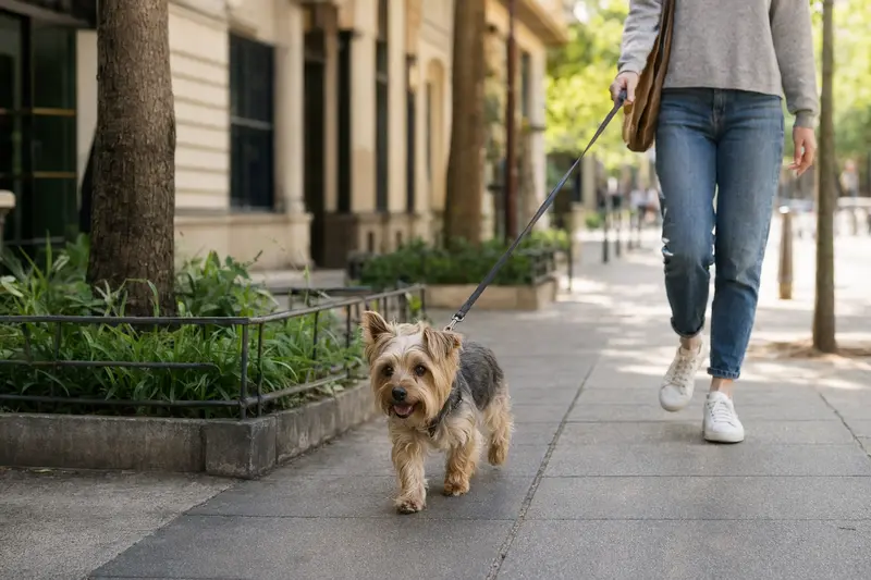 Ein Yorkshire Terrier läuft an der Leine neben seinem Besitzer durch eine freundliche moderne Stadtstraße.