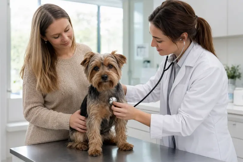 Ein ruhiger Yorkshire Terrier wird von einer freundlichen Tierärztin mit einem Stethoskop untersucht, während sein Besitzer beruhigend danebensteht.