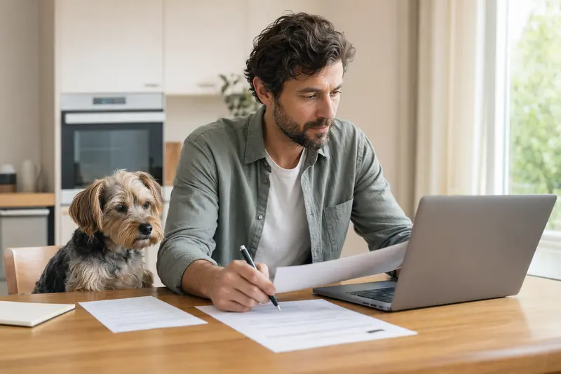 Ein Yorkshire Terrier sitzt neben seinem Besitzer am Küchentisch, während Versicherungsunterlagen und ein Laptop mit Vergleichsinformationen sichtbar sind.