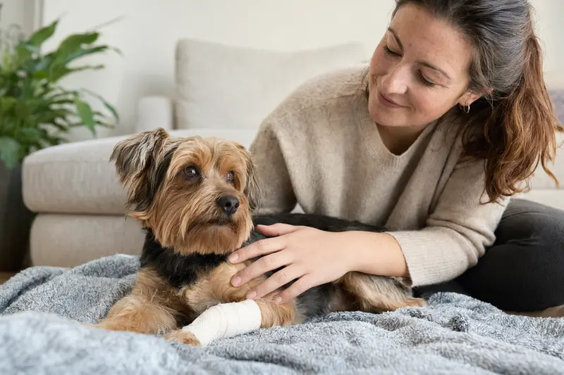 Ein Yorkshire Terrier mit leichtem Verband an der Pfote liegt entspannt auf einer Decke, während sein Besitzer erleichtert daneben sitzt.