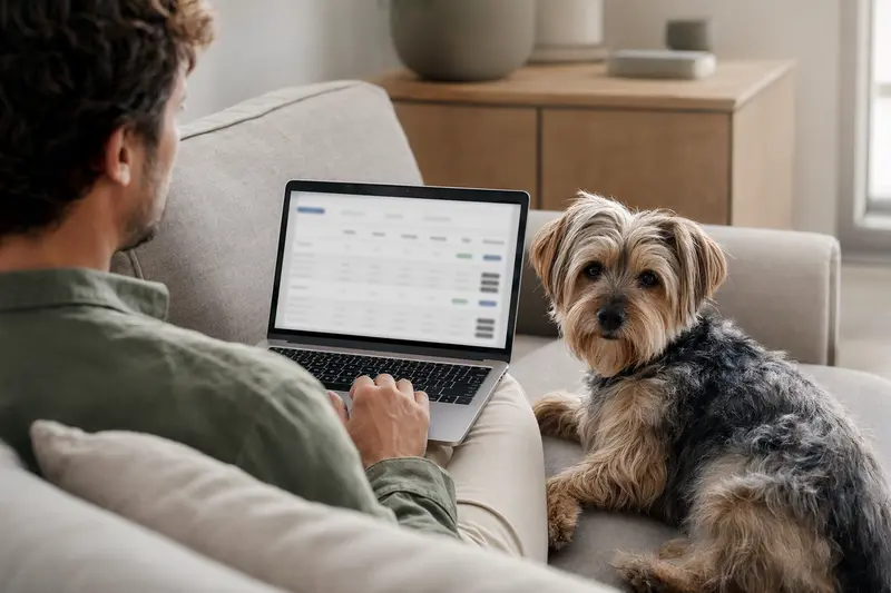 Ein Besitzer sitzt mit einem Laptop auf dem Sofa, während ein Yorkshire Terrier neben ihm liegt und eine Versicherungsvergleichsoberfläche auf dem Bildschirm sichtbar ist.