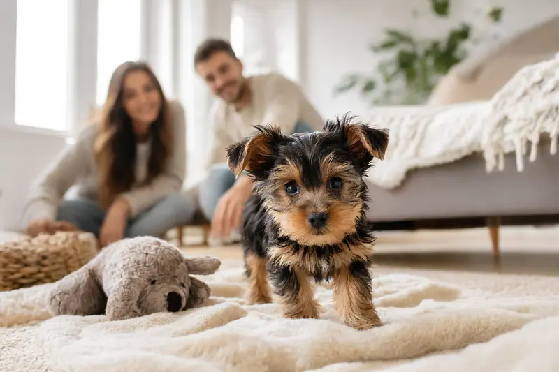 Ein neugieriger Yorkshire Terrier Welpe erkundet sein neues Zuhause mit einer weichen Decke und Spielzeug.