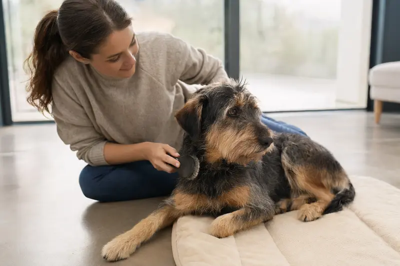 Ein Hund wird zuhause liebevoll gebürstet, was die sanfte Fellpflege und verantwortungsvolle Pflege im Alltag zeigt.