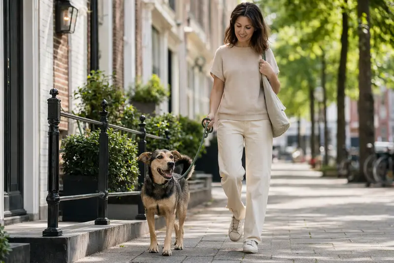 Ein Hund läuft an der Leine mit seinem Besitzer durch eine freundliche moderne Stadtstraße im Alltag.