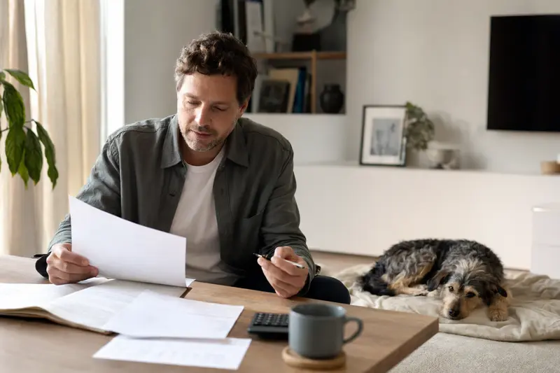 Ein Hundebesitzer sitzt mit einer Tierarztrechnung am Tisch, während sein entspannter Hund auf einer Decke liegt und das Thema Tierarztkosten und Versicherung ruhig begleitet.
