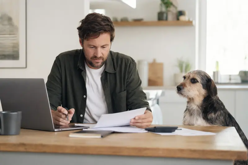 Ein ruhiger Zavod Hund sitzt neben seinem Besitzer am Küchentisch, während Versicherungsunterlagen und ein Laptop auf dem Tisch liegen.