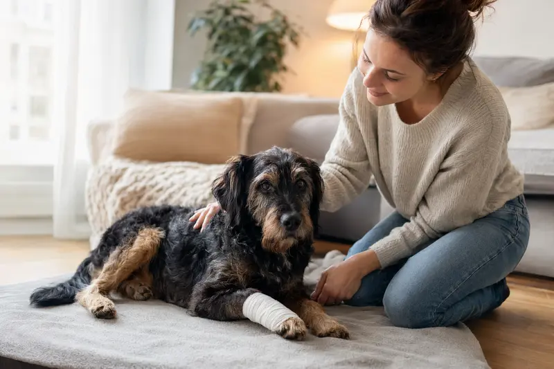Ein Zavod Hund mit leichtem Verband an der Pfote liegt entspannt auf einer Decke, während sein erleichterter Besitzer neben ihm sitzt.