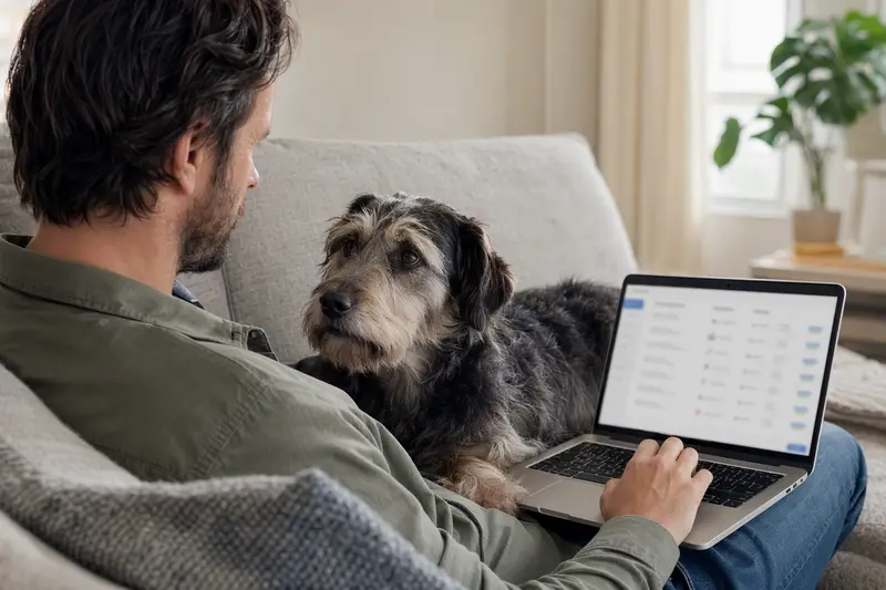 Ein Hund sitzt neben einem Besitzer, der am Laptop versichert Tiere vergleicht.