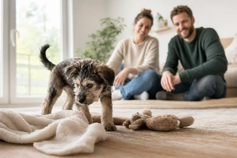 Ein neugieriger Zavod Welpe erkundet sein neues Zuhause mit weicher Decke und Spielzeug, während eine liebevolle Familie im Hintergrund zu sehen ist.