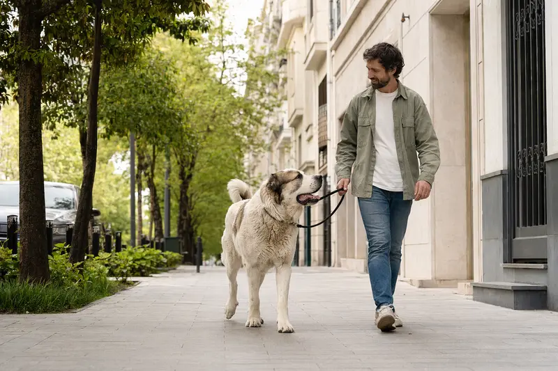 Zentralasiatischer Schäferhund läuft angeleint mit seinem Besitzer entspannt durch eine moderne Stadtstraße.