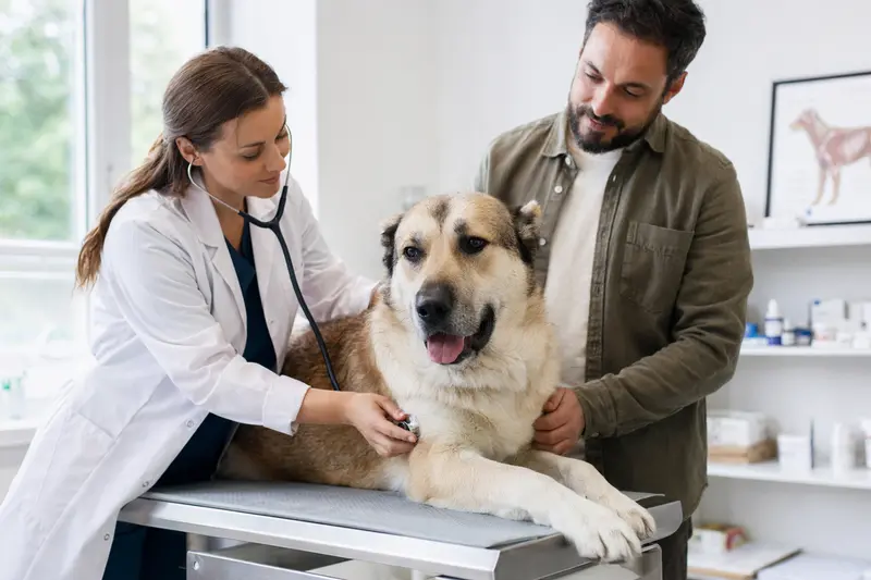 Ein Zentralasiatischer Schäferhund wird von einer freundlichen Tierärztin in einer modernen Tierarztpraxis mit einem Stethoskop untersucht.