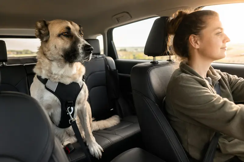 Ein Zentralasiatischer Schäferhund sitzt sicher angeschnallt auf der Rückbank eines Autos, während sein Besitzer ruhig fährt.