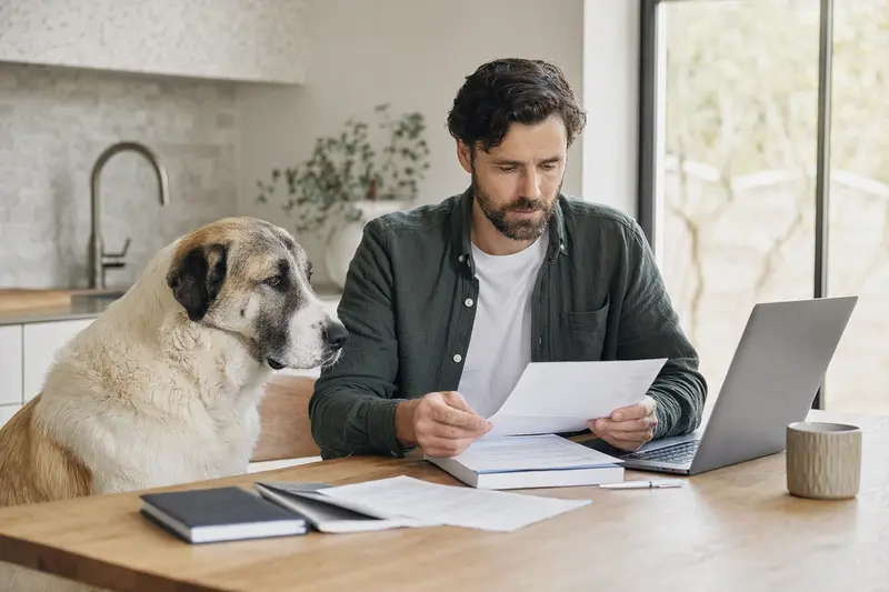 Ein Zentralasiatischer Schäferhund sitzt ruhig neben seinem Besitzer am Küchentisch mit Versicherungsunterlagen und einem Laptop zur Hundekrankenversicherung.