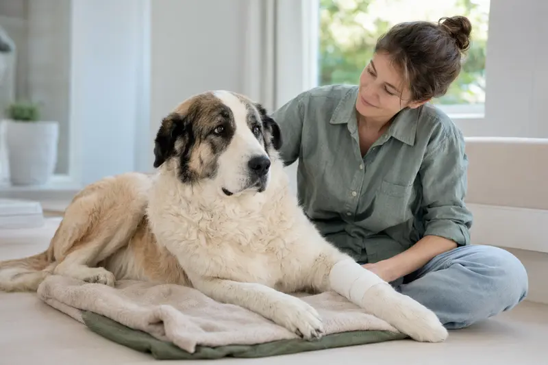 Zentralasiatischer Schäferhund mit leichtem Verband an der Pfote liegt ruhig auf einer Decke, während sein Besitzer erleichtert neben ihm sitzt.