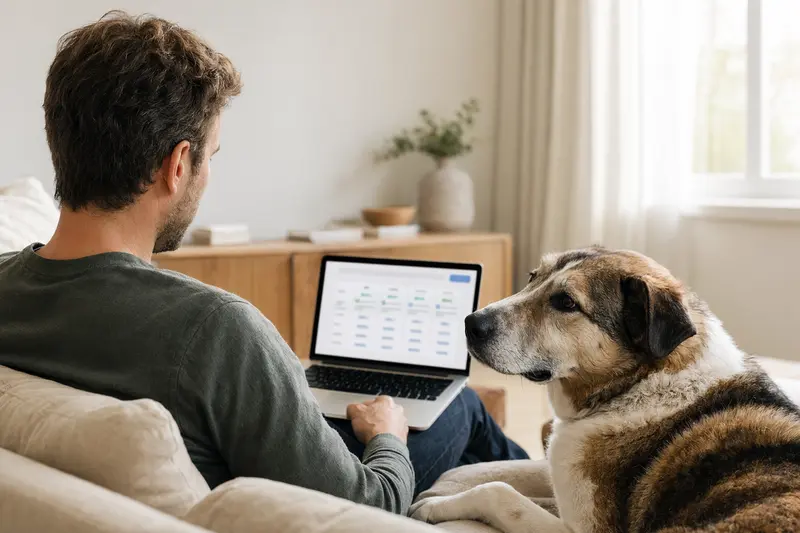 Ein Hundebesitzer sitzt mit Laptop auf dem Sofa neben seinem Zentralasiatischen Schäferhund und vergleicht Versicherungen.