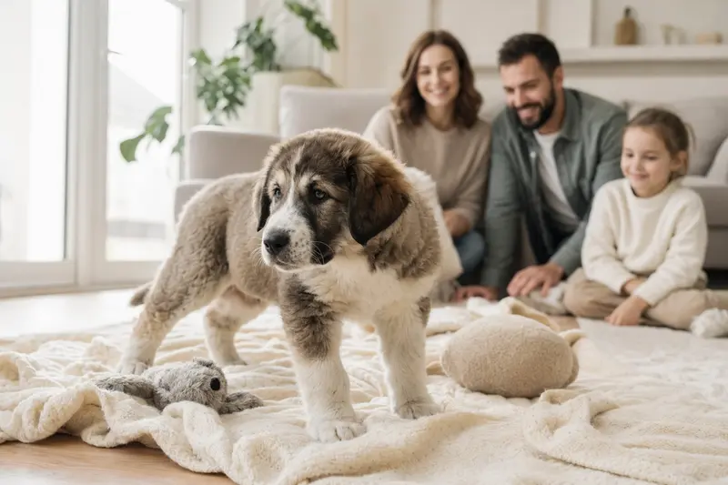 Ein neugieriger Zentralasiatischer Schäferhund Welpe erkundet sein neues Zuhause mit liebevoller Familie im Hintergrund.
