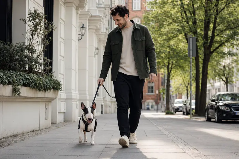 Ein Zwerg Bull Terrier läuft an der Leine mit seinem Besitzer durch eine moderne Stadtstraße.