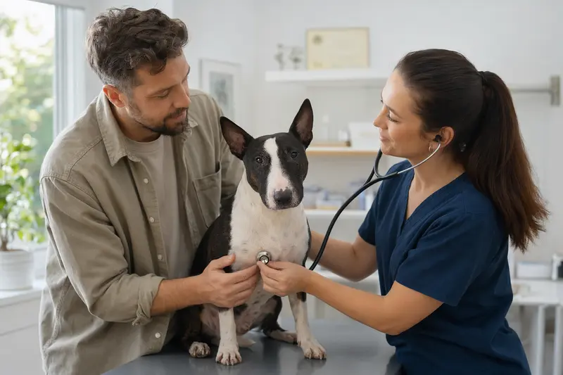 Eine Tierärztin untersucht einen ruhigen Zwerg Bull Terrier mit dem Stethoskop auf einem Untersuchungstisch in einer hellen Tierarztpraxis, während der Besitzer beruhigend danebensteht.