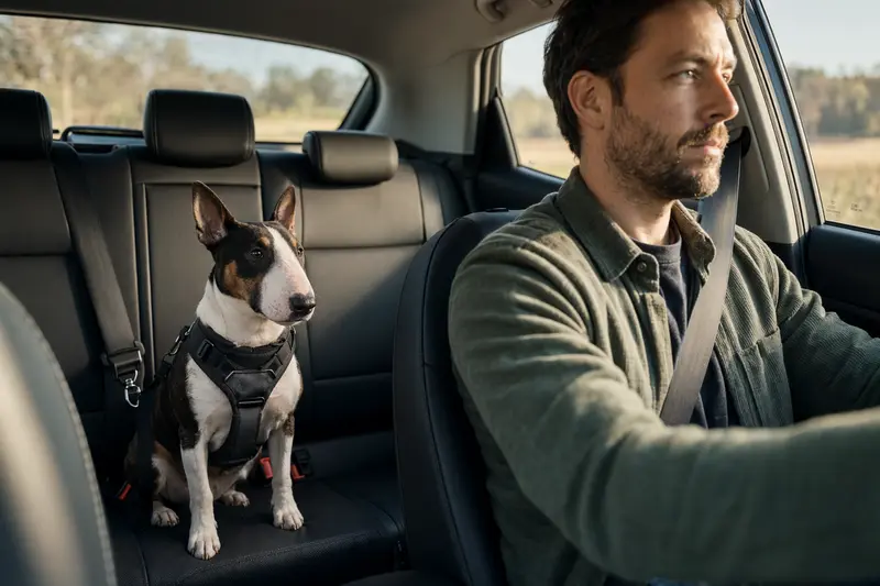 Ein Zwerg Bull Terrier sitzt sicher angeschnallt auf der Rückbank eines Autos, während der Besitzer ruhig fährt.