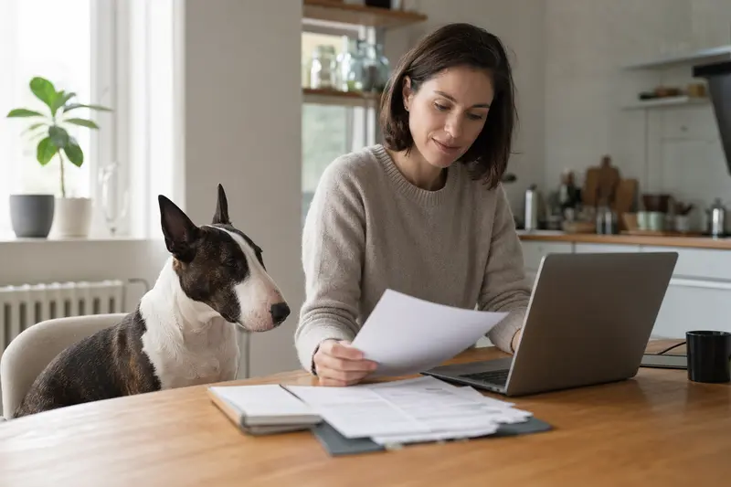 Ein Zwerg Bull Terrier sitzt ruhig neben seinem Besitzer am Küchentisch, auf dem Versicherungsunterlagen und ein Laptop mit einer Vergleichsseite liegen.