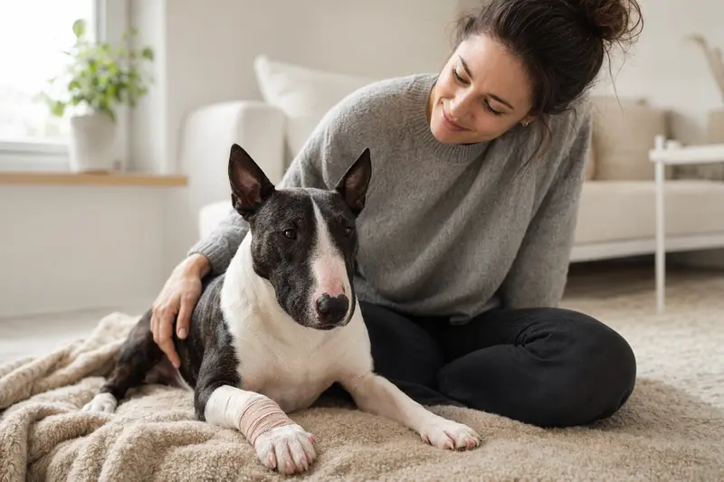 Ein Zwerg Bull Terrier mit leicht bandagierter Pfote liegt ruhig auf einer Decke, während sein erleichterter Besitzer neben ihm sitzt.
