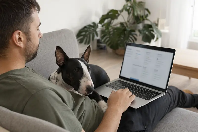 Ein Hundebesitzer sitzt entspannt auf dem Sofa mit einem Zwerg Bull Terrier und nutzt seinen Laptop für den Versicherungsvergleich.