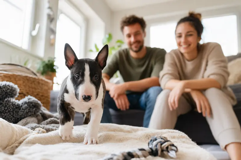 Ein junger Zwerg Bull Terrier Welpe erkundet neugierig sein neues Zuhause auf einer weichen Decke mit Spielzeug, während seine Familie im Hintergrund steht.