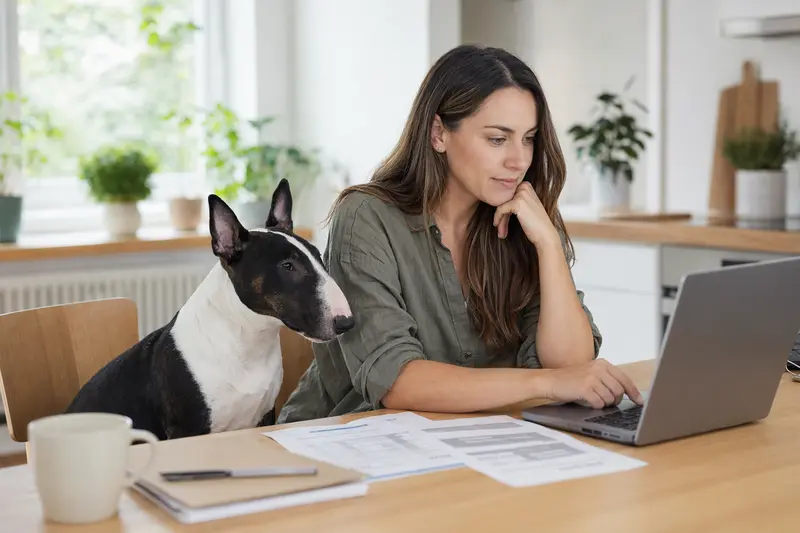 Ein Zwerg-Bullterrier sitzt ruhig neben seinem Besitzer am Küchentisch, während Versicherungsunterlagen und ein Laptop mit einer Vergleichsseite vor ihm liegen.