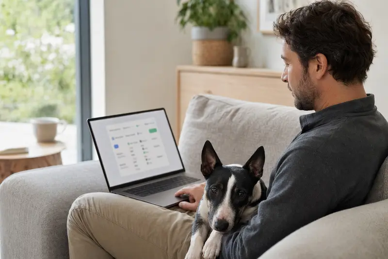 Ein Hundehalter sitzt mit einem Laptop auf dem Sofa, während ein Zwerg-Bullterrier neben ihm liegt und eine Versicherungsvergleichsseite auf dem Screen sichtbar ist.