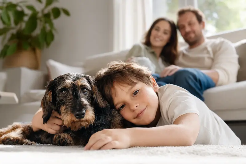 Ein freundlicher Zwergdackel liegt entspannt neben einem Kind im Wohnzimmer in einer sicheren Familienatmosphäre.