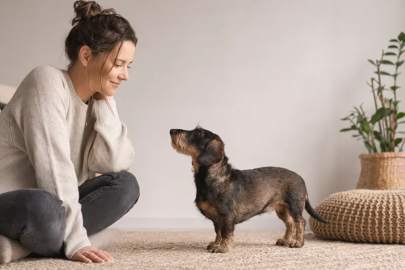 Ein aufmerksamer Zwergdackel steht in natürlicher Haltung vor hellem Hintergrund und zeigt als professionelles Hundeportrait die typische Körperform der Rasse.