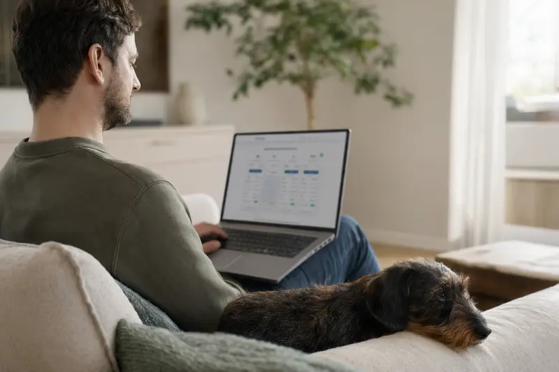 Ein Besitzer sitzt entspannt auf dem Sofa mit einem Laptop, während ein Zwergdackel neben ihm liegt, was die Bedeutung der Tierkrankenversicherung verdeutlicht.