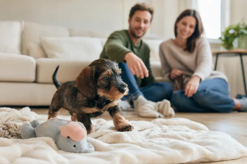 Ein neugieriger Zwergdackel Welpe erkundet sein neues Zuhause auf einer weichen Decke mit Spielzeug im Hintergrund.
