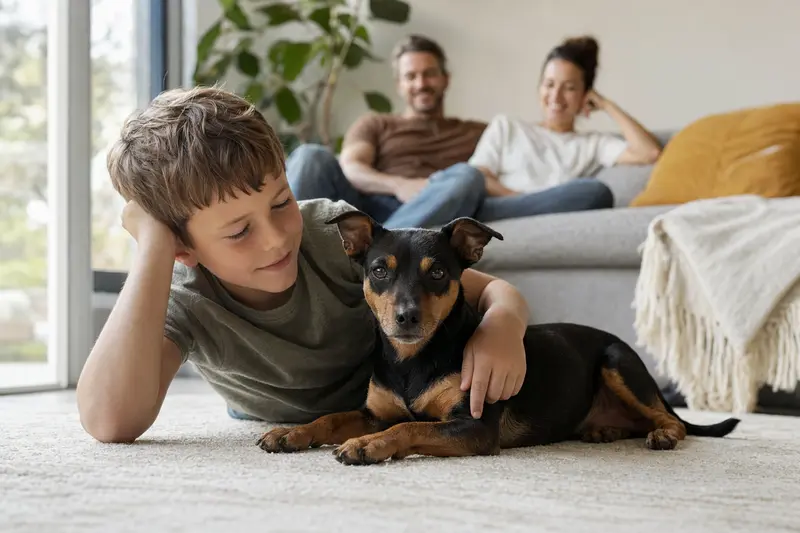 Ein freundlicher Zwergpinscher liegt entspannt neben einem Kind im Wohnzimmer, während die Eltern im Hintergrund eine sichere Familienatmosphäre schaffen.