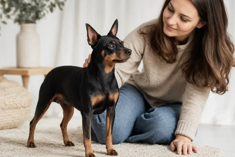 Aufmerksamer Zwergpinscher im professionellen Tierportrait vor hellem Hintergrund.