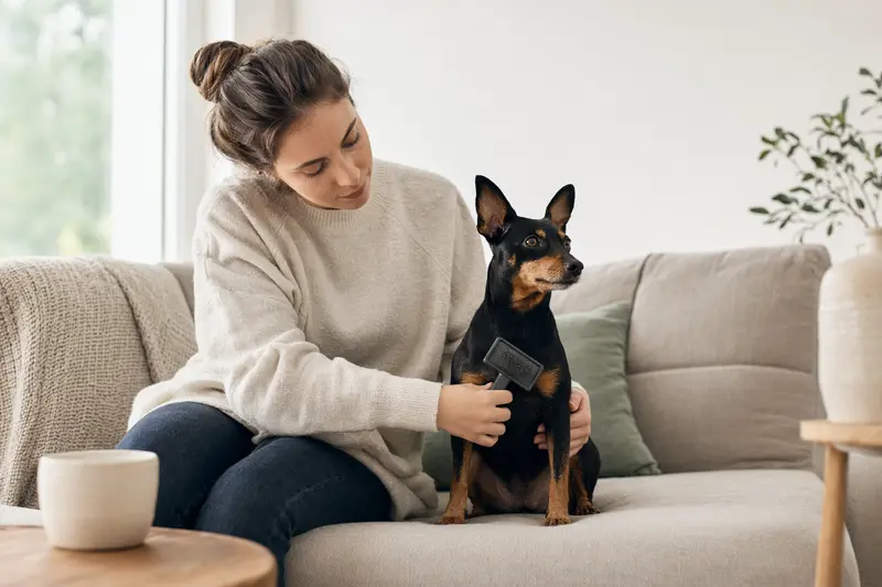 Ein Zwergpinscher wird zu Hause von seinem Besitzer sanft gebürstet und gepflegt.