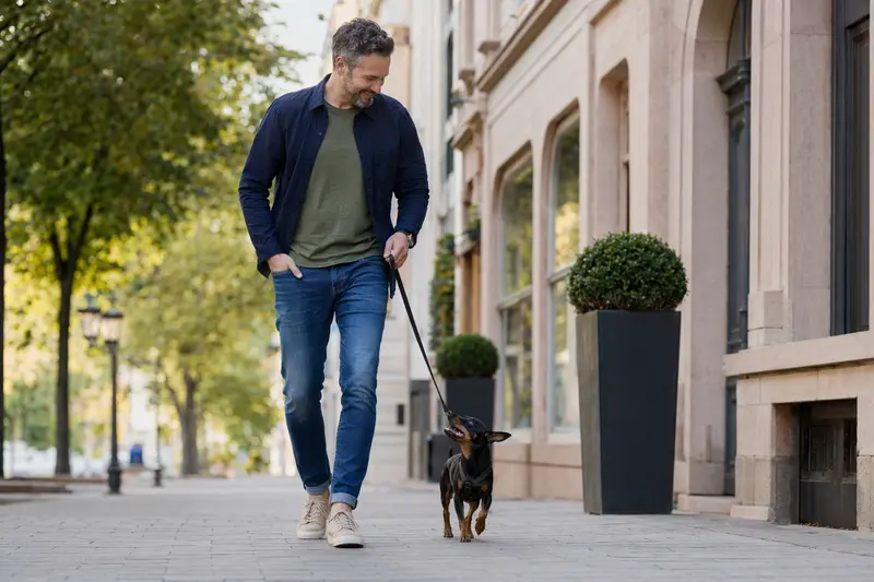 Ein Zwergpinscher läuft an der Leine mit seinem Besitzer durch eine freundliche moderne Stadtstraße.