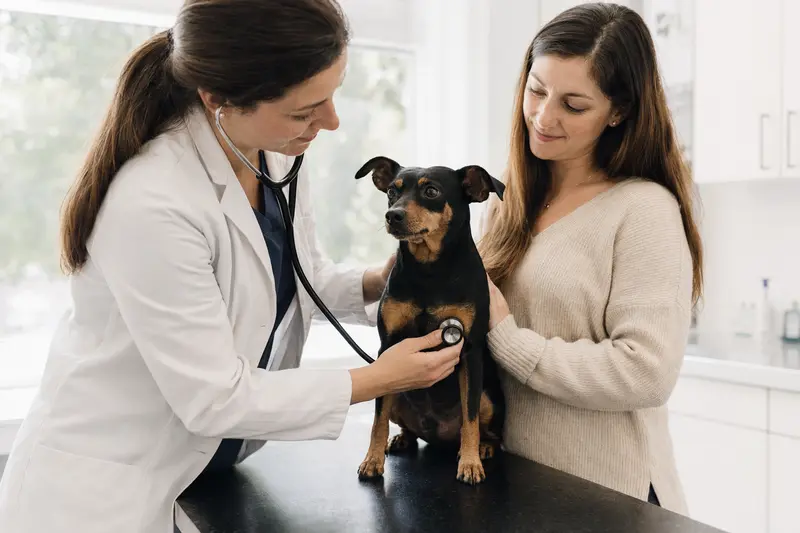 Ein ruhiger Zwergpinscher wird von einer freundlichen Tierärztin in einer modernen Praxis mit einem Stethoskop untersucht.